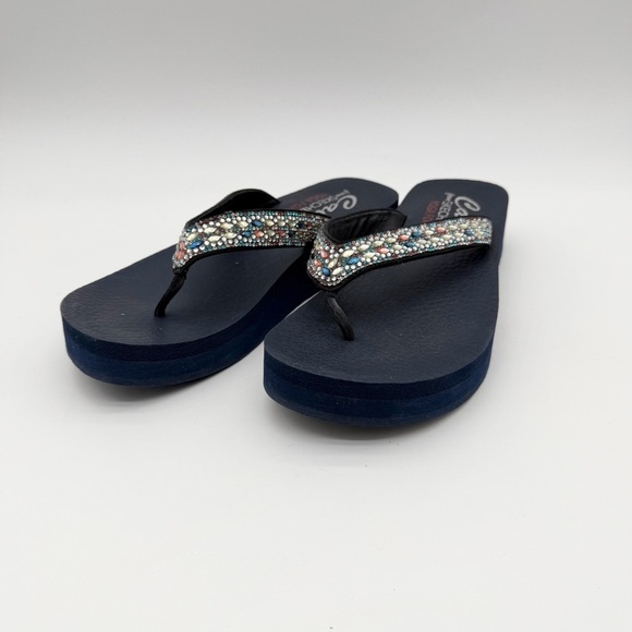 Skechers Cali Yoga Vinyasa Wild Daises Wedge Thong Sandals Rhinestone Navy Sz 9 - Picture 2 of 7